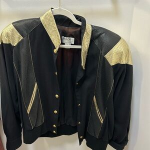 Vintage 1980s Deja Vu Designs Leather & cloth Bomber jacket, sz L black and gold